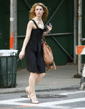 Claire Danes out in a black dress on the streets of New York