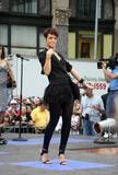 Rihanna performs live wearing black leather trousers on the CBS Early Show in New York City